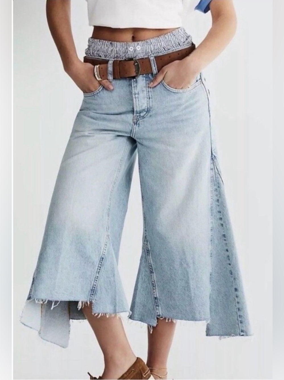 NEW FREE PEOPLE WE THE FREE Ripple Wide Leg Crop Jeans Light Wash 30